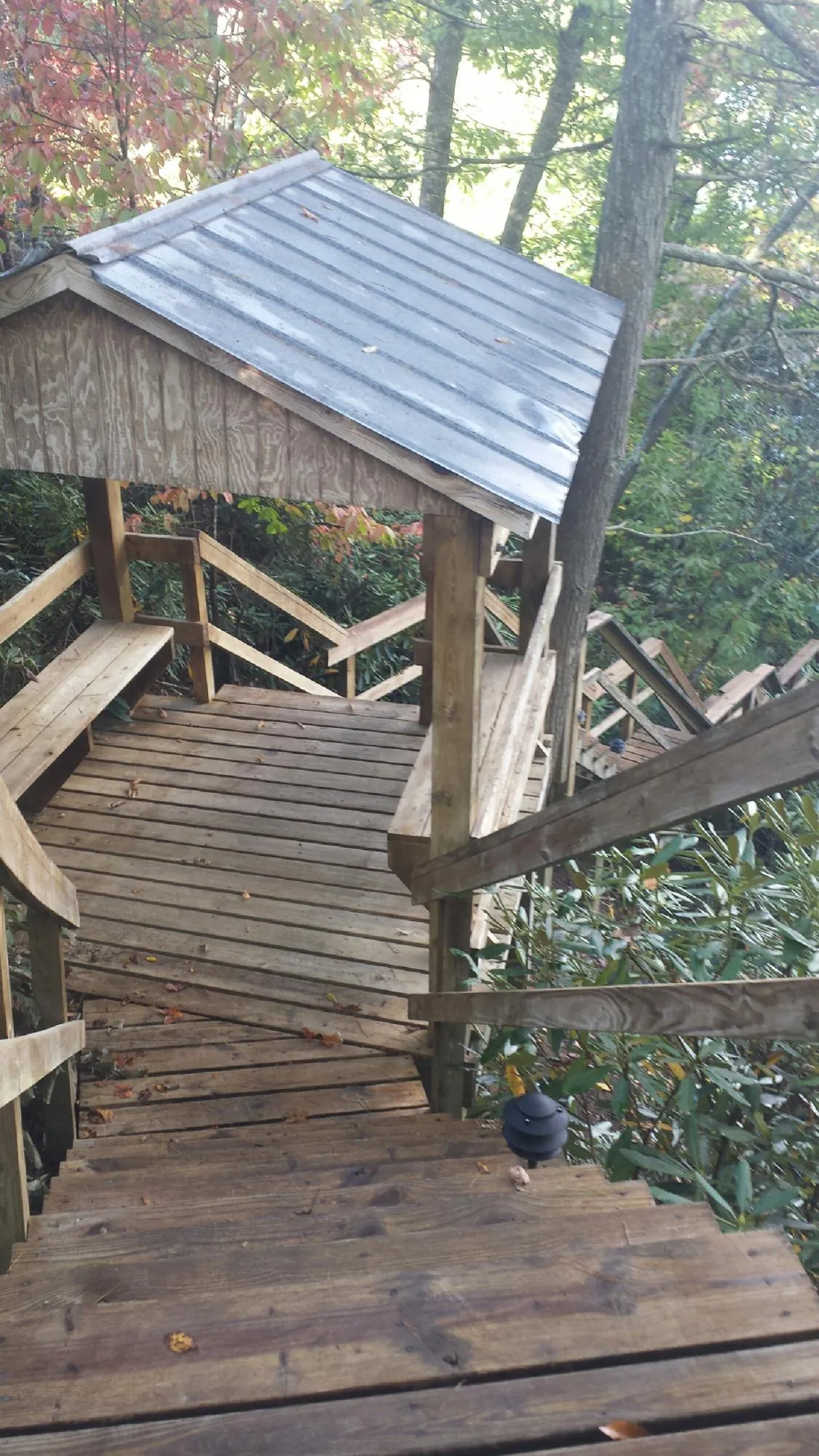 Metal roofed shelter over wooden steps on a wooded walkway — Skylight Repair & Installation work by our crew in Machesney Park